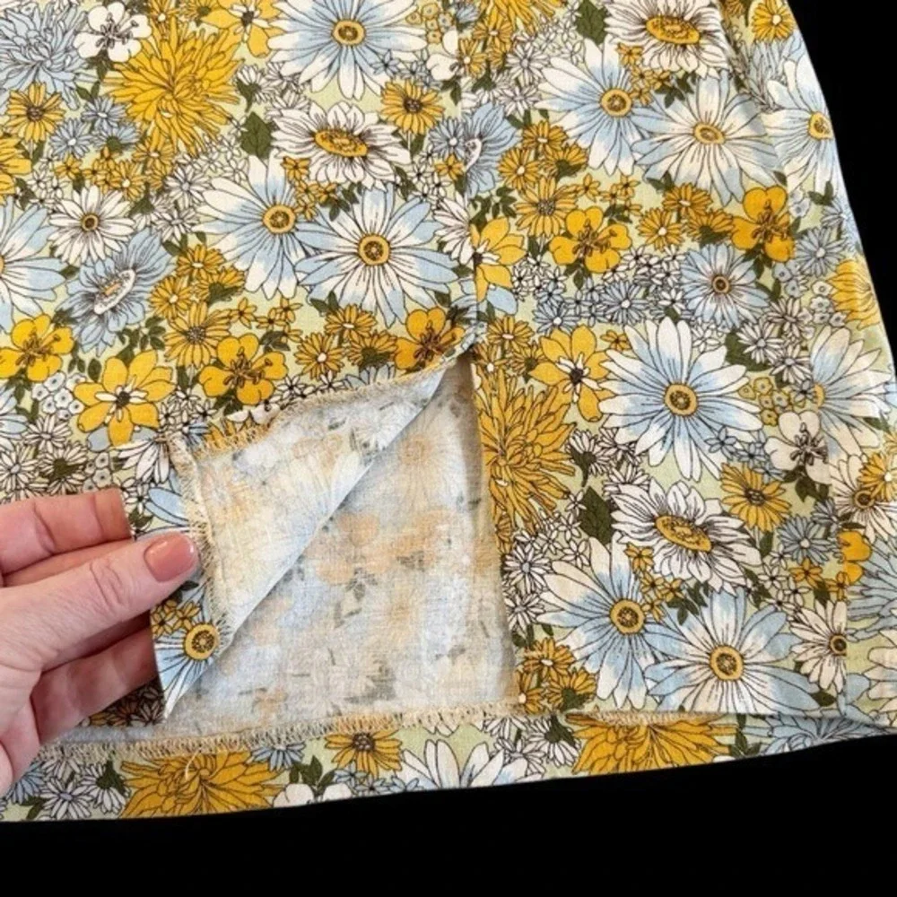 Cottagecore Linen blend Floral Mini Skirt yellow Sz Small Petite soft girl indie
